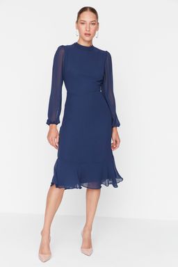 Indigo A Kesim Dik Yakal? Midi Astarl? Sifon Dokuma K?sl?k Elbise TWOAW20EL1313