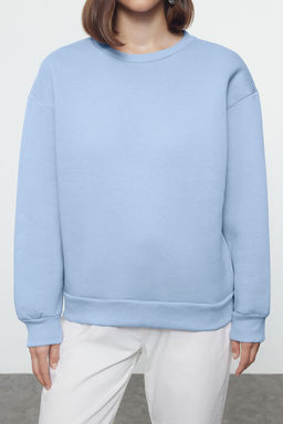 Ac?k Mavi Kal?n Ici Polarl? Regular/Normal Kal?p Bisiklet Yaka Basic Orme Sweatshirt TWOAW24SW00101