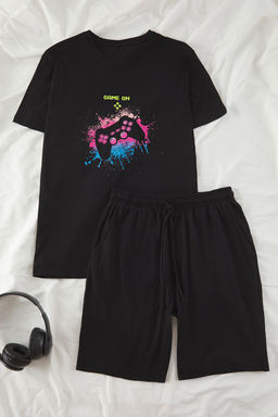 TRENDYOL MAN Siyah Regular Fit Game Bask?l? Orme Sortlu Pijama Tak?m? TMNSS25PT00075 - Trendyolmilla фото 2