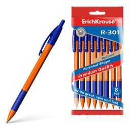 Цена за 24 шт. Набор из 8 ручек шариковых автоматических ErichKrause R-301 Matic&Grip Orange 0.7, цвет чернил синий (в пакете)