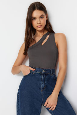 Antrasit Asimetrik Yaka Cut Out Detayl? Esnek C?tc?tl? Orme Body TWOSS23BD00014