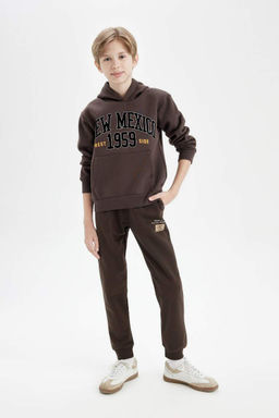 Коричневый толстый свитшот обычного кроя с капюшоном и принтом слоганов для мальчиков - Defacto фото 2