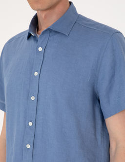 Mavi %100 Keten Regular Fit K_sa Kollu G_mlek