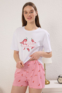 Trendyolmilla Beyaz %100 Pamuklu Cizgili Biber Desenli Sortlu Orme Pijama Tak?m? THMSS25PT00261 фото 9