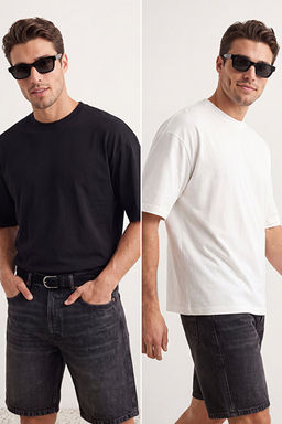 Unisex Siyah-Ekru Oversize 2li Paket Basic %100 Pamuklu T-Shirt TMNSS24TS00038
