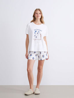 Bisiklet Yaka Bask?l? Kad?n ?ortlu Pijama Tak?m?