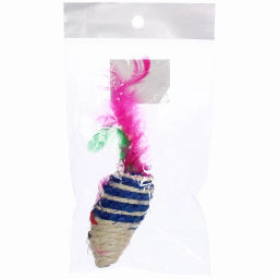 Цена за 6 шт. Игрушка - мышка для кошек "ЦЕПКИЕ ЛАПКИ", канатная с пёрышками, микс 3 цвета, 7*3,5см (пакет с хедером)