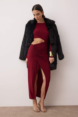 Bordo Kruvaze Yaka Cut Out/Pencere Detayl? Orme S?k Abiye Gece Mezuniyet Elbisesi TPRAW23EL00272