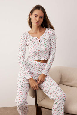 Beyaz-Cok Renkli Pamuk Polyester Cicekli Dantel Detayl? Kaskorse Orme Pijama Tak?m? THMAW26PT00217 - Trendyolmilla фото 2