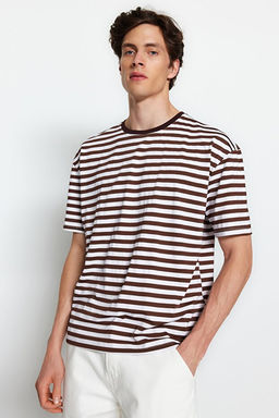 A__k Kahverengi Oversize/Geni_ Kesim _izgili Bisiklet Yaka K_sa Kol T-Shirt TMNSS20TS0511