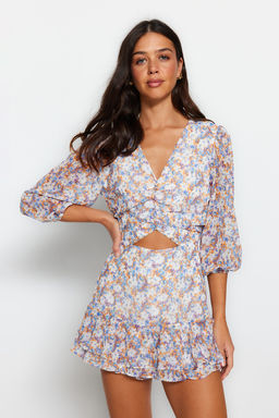 Cok Renkli Cicek Desenli Cut Out Detayl? Mini Astarl? Sifon Dokuma Tulum TWOSS23TU00113