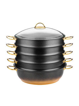 Мантоварка с крышкой стеклянной 34х10 см (8 л) с АПП, цвет: черный/золотой, арт. 4000-BK/GD-34.