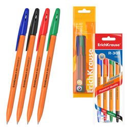 Цена за 24 шт. Набор из 4 ручек шариковых ErichKrause R-301 Stick Orange 0.7, цвет чернил: синий, черный, красный, зеленый (в пакете)