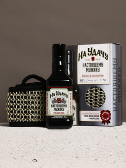 Подарочный набор На удачу, гель для душа во флаконе виски, чёрный и мочалка лента, Чистое счастье  фото 2