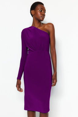 TRENDYOLMILLA Siyah Drape Detayl? Tek Omuzlu Fitted/Vucuda Oturan Midi Esnek Orme Elbise TWOAW24EL00123 фото 11