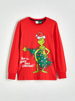 Bisiklet Yaka Grinch Bask?l? Erkek ?ocuk Pijama Tak?m?
