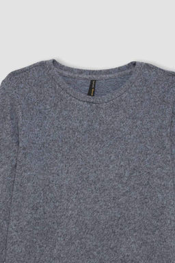 Женская повседневная базовая однотонная футболка с круглым вырезом и длинными рукавами обычного кроя - Defacto фото 2