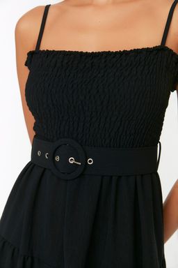 TRENDYOLMILLA Siyah Kemerli Volanl? Skater/Belden Ac?lan Midi Dokuma Elbise TWOSS21EL1929 фото 7