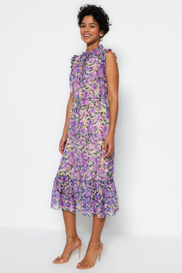 Cok Renkli Cicek Desenli A-Kesim Midi Astarl? Sifon Dokuma Elbise TWOSS23EL01840