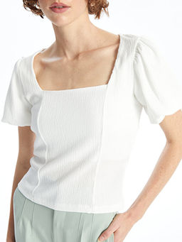 Kare Yaka D?z K?sa Kollu Crop Kad?n Bluz