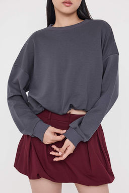 Antrasit Relaxed/Rahat Kal?p Beli Lastikli Crop Orme Sweatshirt TWOAW26SW00000