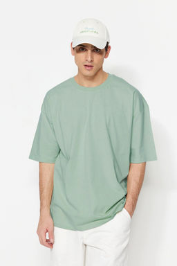 Koyu Mint Oversize/Genis Kesim %100 Pamuk K?sa Kollu Basic T-Shirt TMNSS22TS0318
