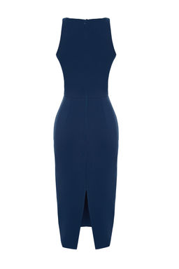 Petrol Vucuda Oturan Yakas? Aksesuar Detayl? Midi Kalem Etek Dokuma Elbise TWOSS23EL02115