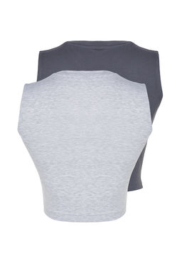 Antrasit- Kar melanj 2li Paket Kolsuz Crop Pamuklu Esnek Orme Atlet TWOSS23AL00010