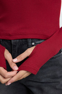 Bordo Fitted/Vucuda Oturan Bal?kc? Yaka Parmak Detayl? Fitilli Esnek Orme Bluz TWOAW21BZ0071