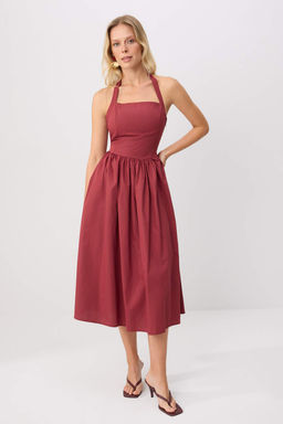 Bordo Boyundan Ba_l_ Poplin Maxi Dokuma Elbise TWOSS25EL00881