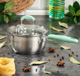 Ковш нерж/ сталь, 1.7 л, крышка стекло, индукция, силикон/ ручки мятные, SD23-16SP-2 Daniks, 451813  фото 18