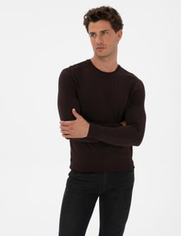 Koyu Kahverengi Slim Fit Bisiklet Yaka Triko Kazak