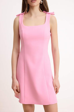 Ac?k Pembe Duz A Kesim Fiyonklu K?sa / Mini Dokuma Elbise TWOSS25EL00267