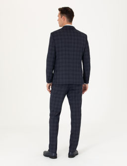 Lacivert Ekose Ekstra Slim Fit Y_n Kar___ml_ Tak_m Elbise