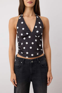 Siyah Puantiyeli Boyundan Baglamal? Vucuda Oturan Crop Esnek Orme Bluz TWOSS24BZ00061