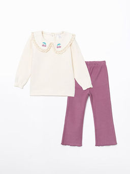 Bisiklet Yaka Uzun Kollu Nak??l? K?z Bebek Sweatshirt ve Tayt 2li Tak?m