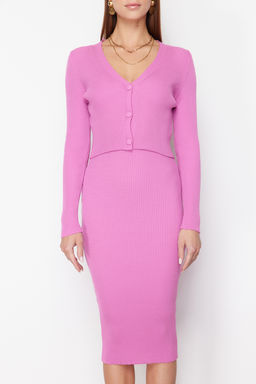 TRENDYOLMILLA Pembe Vucuda Oturan Midi Triko H?rka Elbise Tak?m TWOSS21EL0208 фото 41