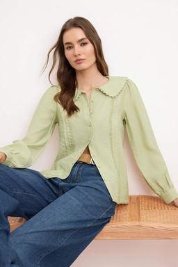 Mint Dantel Detayl? Bebe Yaka Regular Normal Kal?p Dokuma Gomlek TWOSS21GO0035