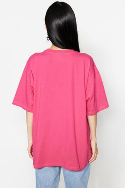 Fusya%100 Kal?n Pamuklu Premium Oversize/Genis Kal?p Bisiklet Yaka Orme T-Shirt TWOSS23TS00040