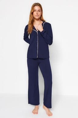 Trendyolmilla Koyu Ten Pamuklu Biye Detayl? Gomlek-Pantolon Orme Pijama Tak?m? THMAW24PT00025 фото 11