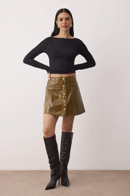 Yag Yesil Rugan Gold Dugmeli Mini Party Etek TPRAW26ET00019 - Trendyolmilla фото 2