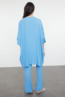 Mavi Dokuma Burumcuk Kimono Pantolon Plaj Tak?m TBESS23AU00149