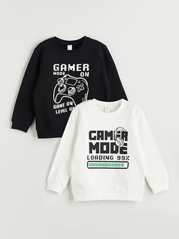 Bisiklet Yaka Bask?l? Erkek ?ocuk Sweatshirt 2li