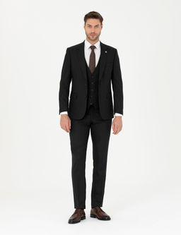 Siyah Slim Fit _izgili Yelekli Tak_m Elbise