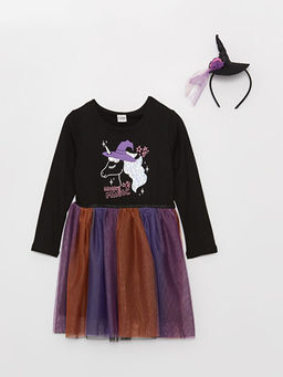 Bisiklet Yaka Bask?l? Uzun Kollu K?z ?ocuk Elbise ve Ta?