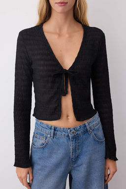 Siyah Premium Baglama Detayl? Dokulu V Yaka Esnek Orme Bluz TWOSS23BZ00796