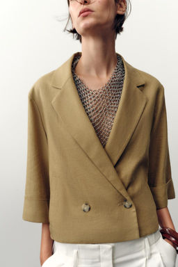 CROPPED DOUBLE-BREASTED LINEN BLEND BLAZER