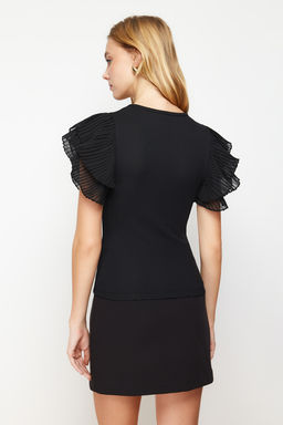 Siyah Kollar? Tul Detayl? Fitted/Vucuda Oturan V yaka Esnek Orme Bluz TWOSS24BZ00029 - Trendyolmilla фото 5