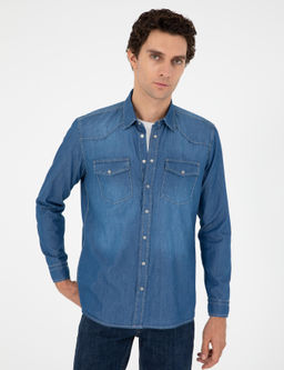 Синяя джинсовая рубашка классического кроя - Cacharel фото 3