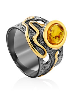 Стильное широкое кольцо Иллюзия с натуральным янтарём